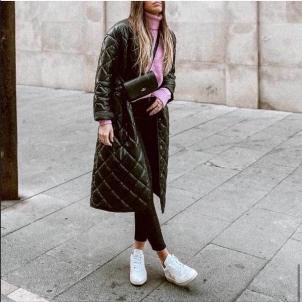 NWT Zara Black Faux Leather Quilted Longline  Button Front Padded Puffer Coat S